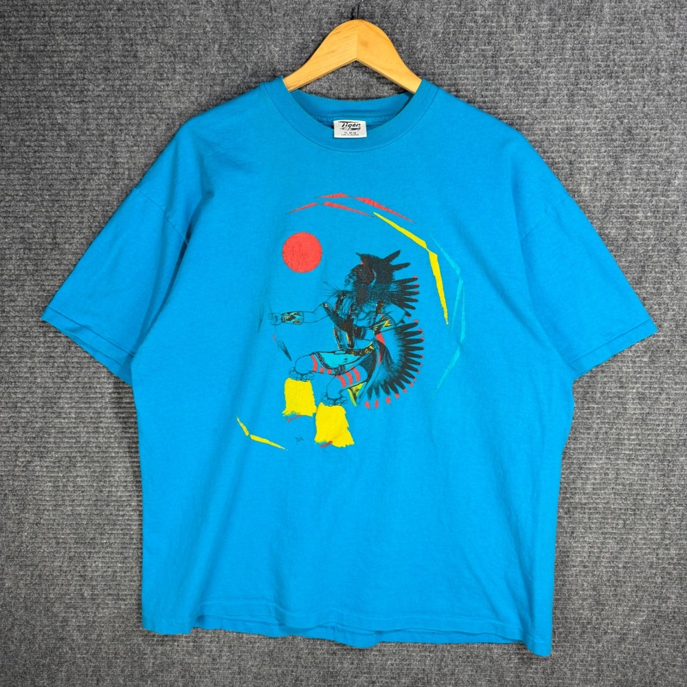 Vintage Tiger Native American Dancer Graphic T-Shirt XL Blue Single Stitch Tee